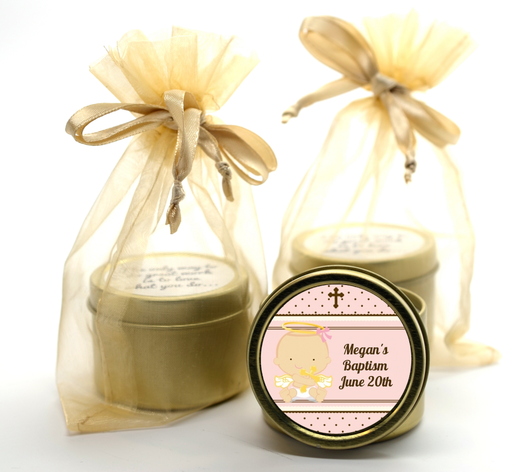 Angel Baby Girl Caucasian - Baptism / Christening Gold Tin Candle Favors