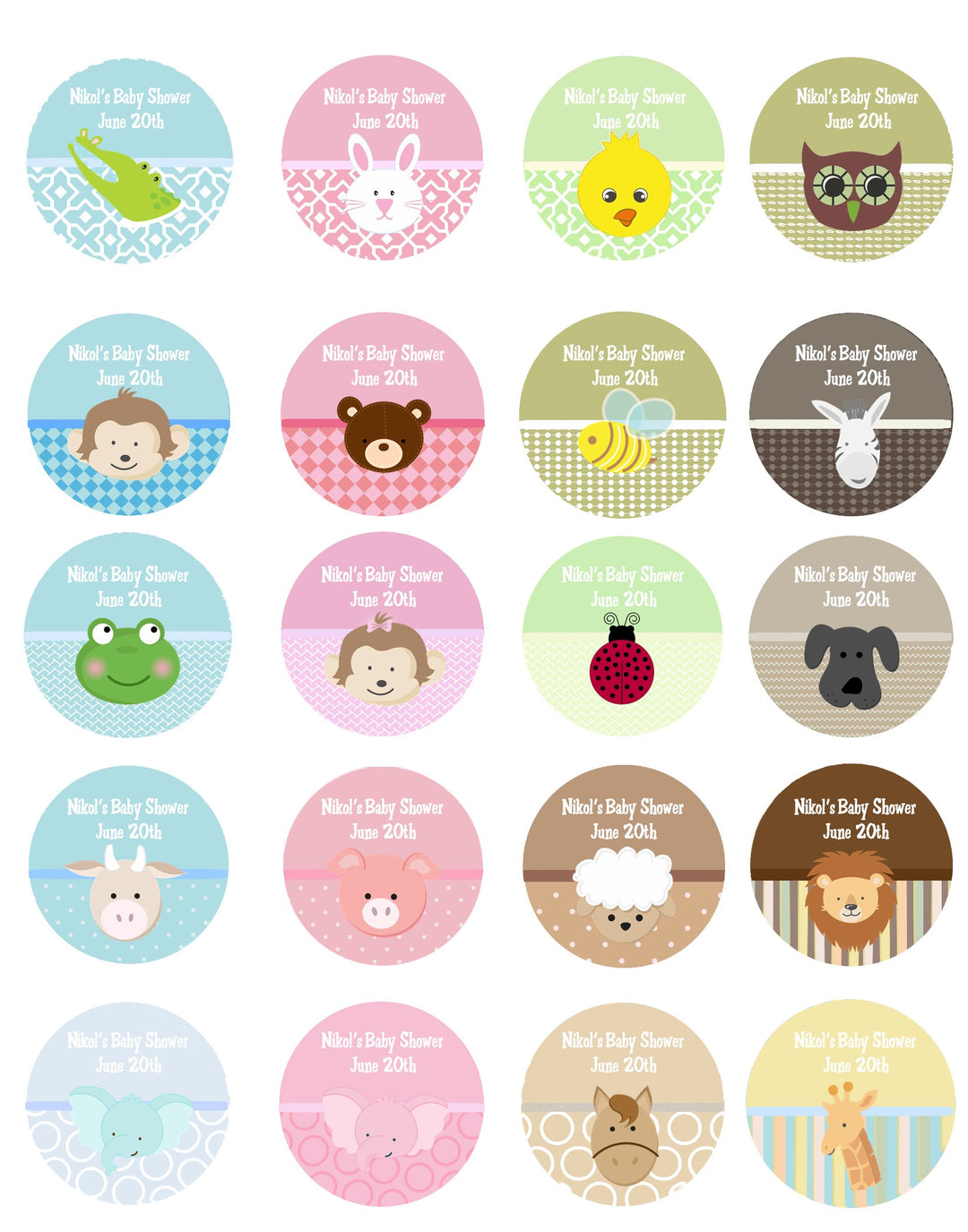 Baby Animals - Round Personalized Baby Shower Sticker Labels