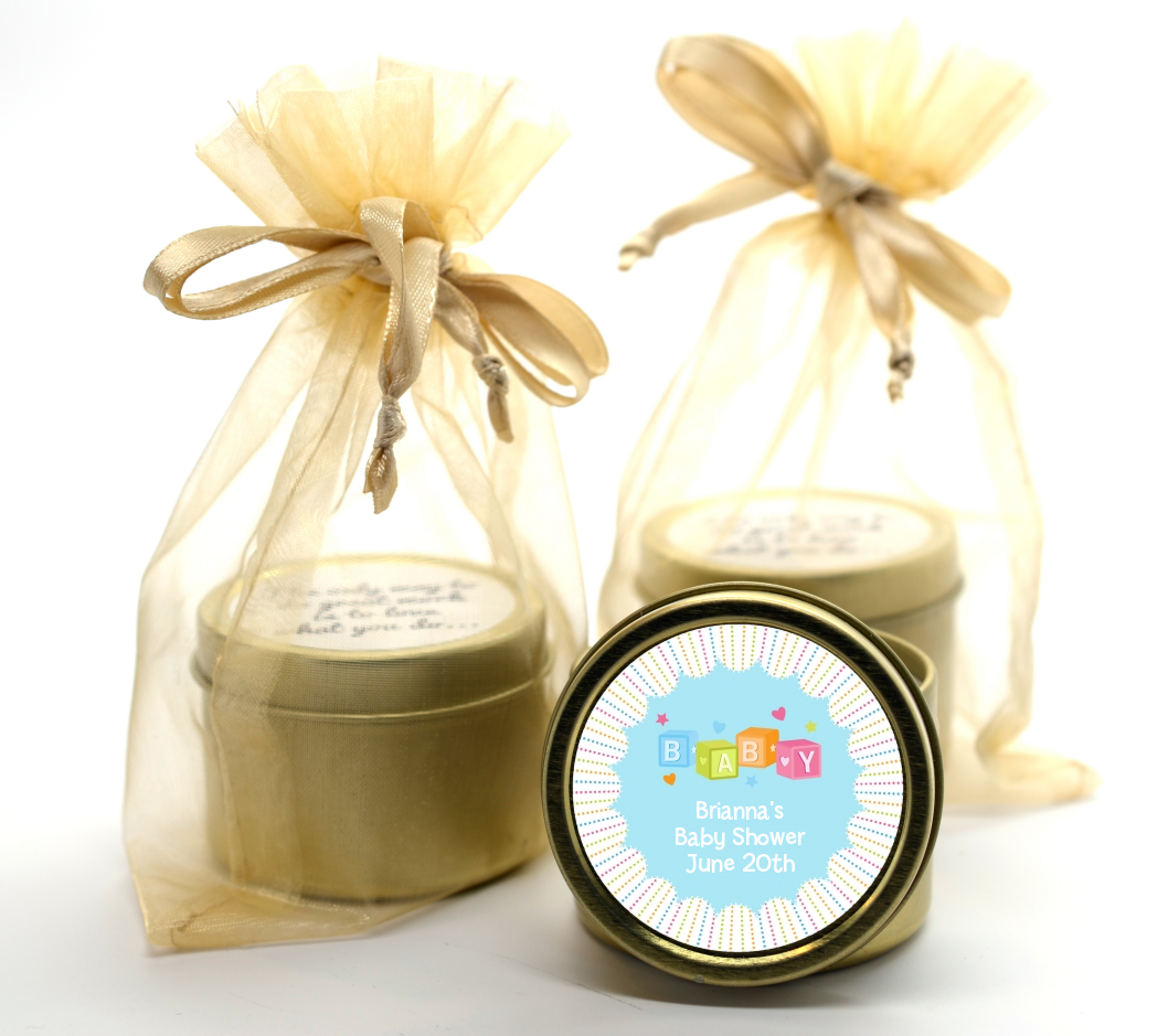 Baby Blocks Blue - Baby Shower Gold Tin Candle Favors
