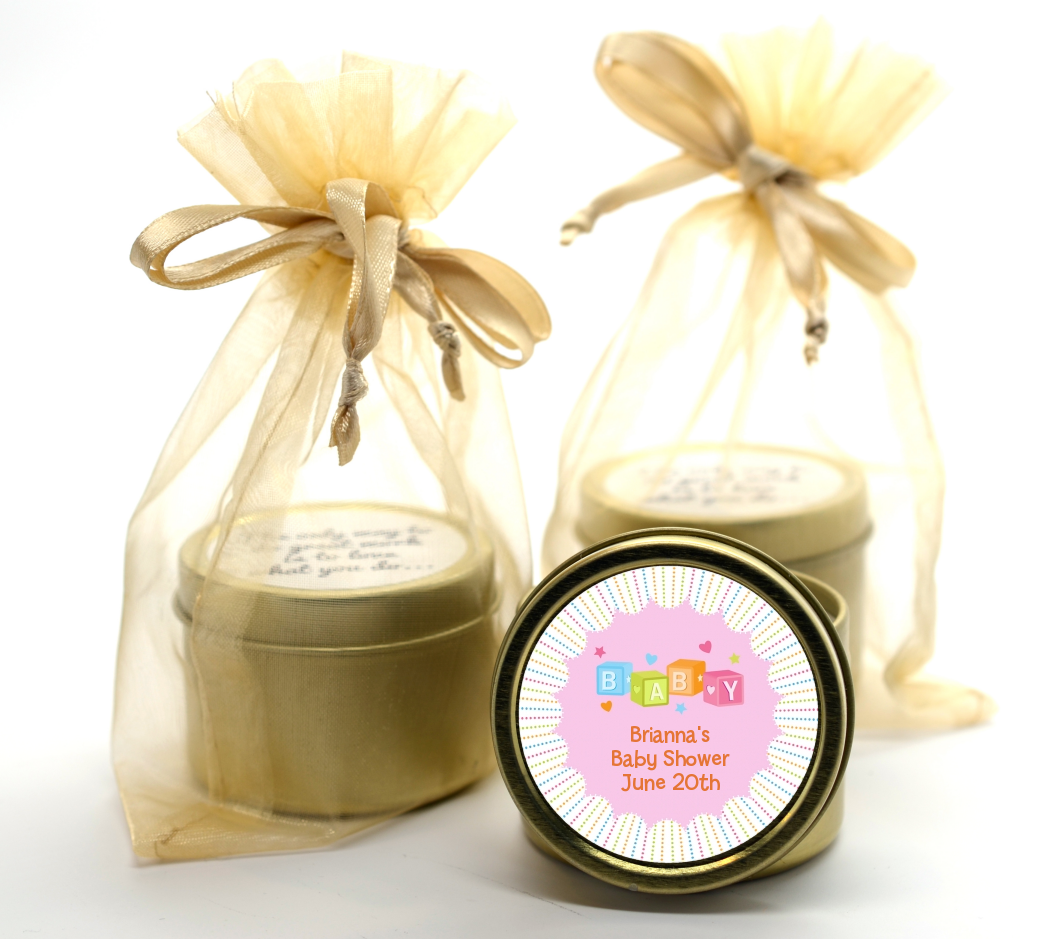 Baby Blocks Pink - Baby Shower Gold Tin Candle Favors