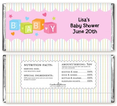 Baby Blocks Pink - Personalized Baby Shower Candy Bar Wrappers
