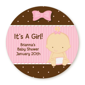 Baby Girl Caucasian - Round Personalized Baby Shower Sticker Labels