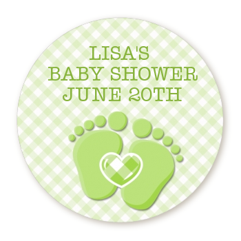 Baby Feet Baby Green - Round Personalized Baby Shower Sticker Labels
