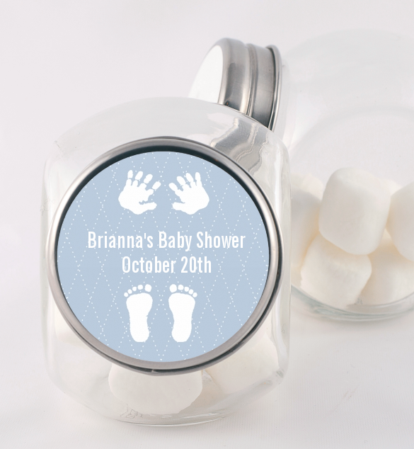 Baby Feet Pitter Patter Blue - Personalized Baby Shower Candy Jar