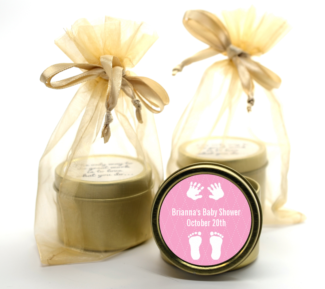 Baby Feet Pitter Patter Pink - Baby Shower Gold Tin Candle Favors