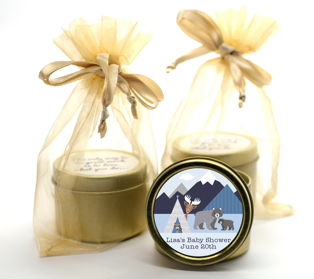 Baby Mountain Trail - Baby Shower Gold Tin Candle Favors
