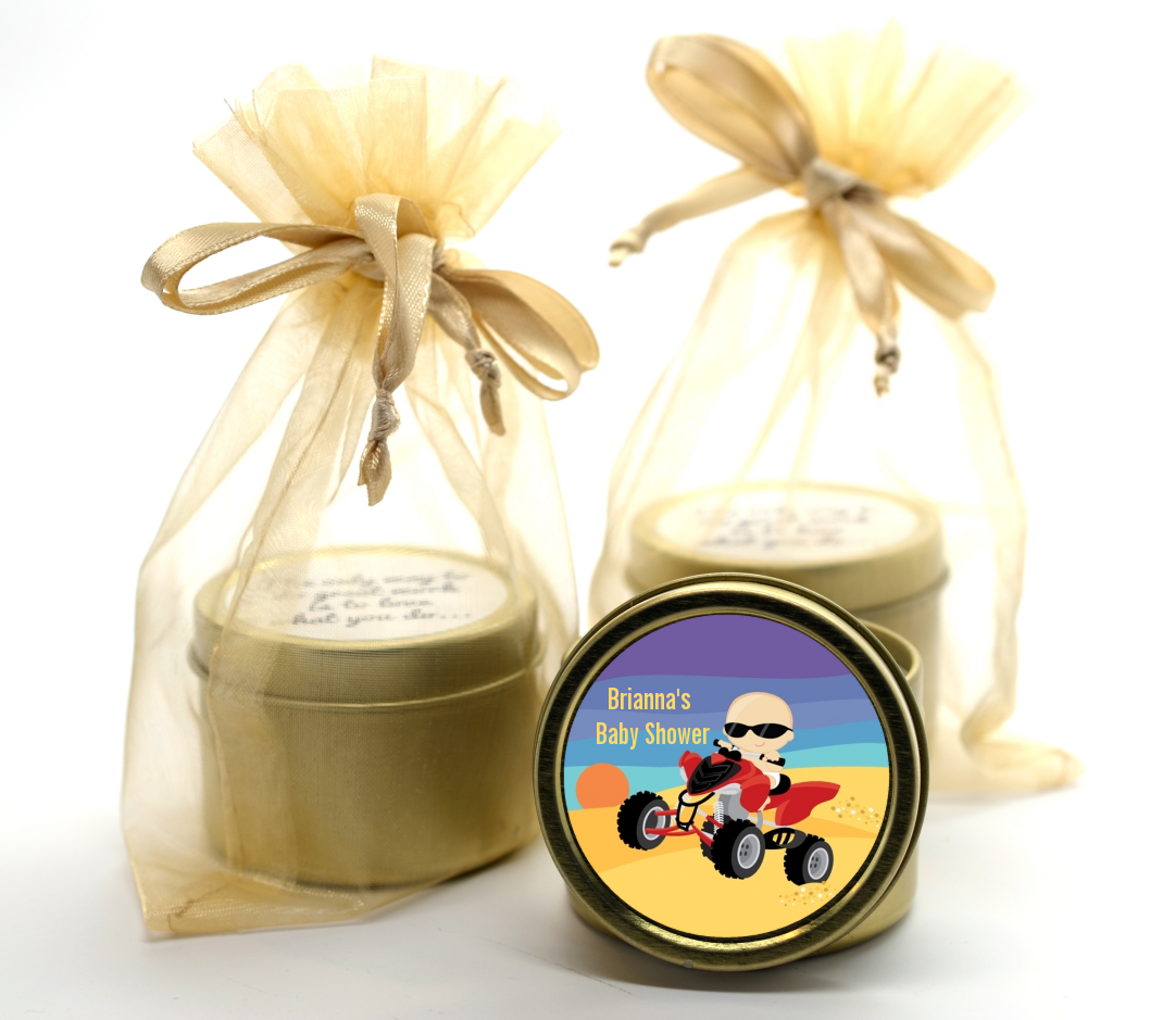 Baby On A Quad - Baby Shower Gold Tin Candle Favors