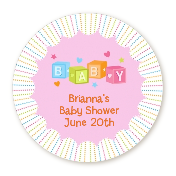 Baby Blocks Pink - Round Personalized Baby Shower Sticker Labels