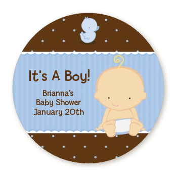 Baby Boy Caucasian - Round Personalized Baby Shower Sticker Labels