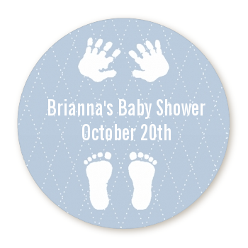 Baby Feet Pitter Patter Blue - Round Personalized Baby Shower Sticker Labels