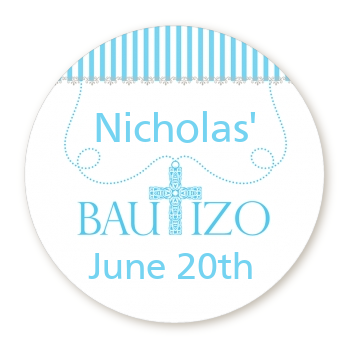 Bautizo Cross Blue - Round Personalized Baptism / Christening Sticker Labels