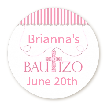 Bautizo Cross Pink - Round Personalized Baptism / Christening Sticker Labels
