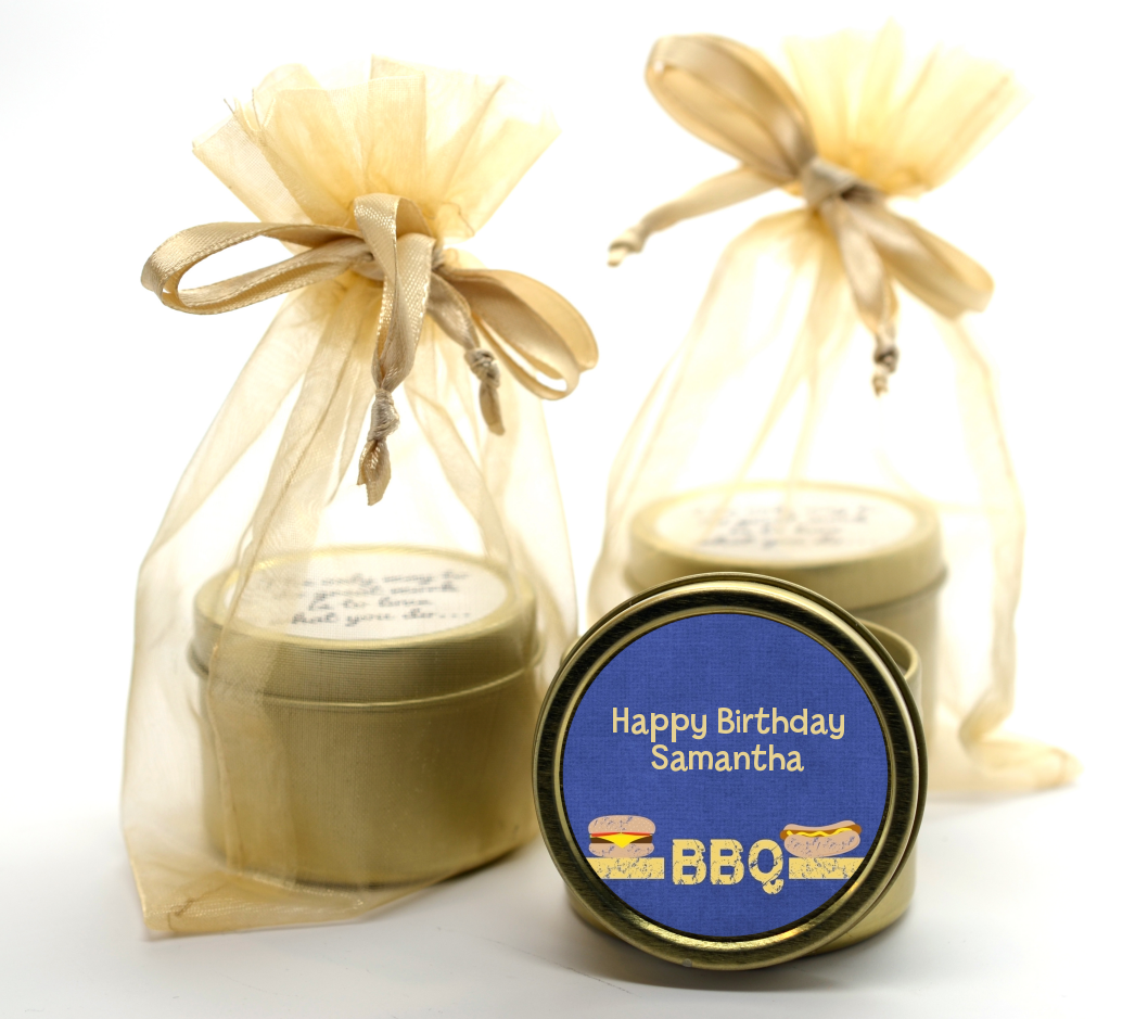 BBQ Hotdogs and Hamburgers - Birthday Party Gold Tin Candle Favors