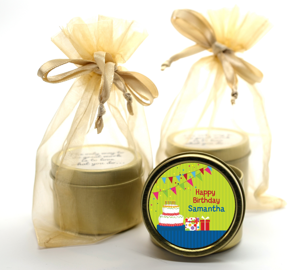 Birthday Cake - Birthday Party Gold Tin Candle Favors