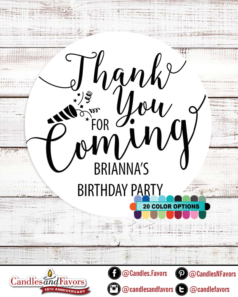 Thank You For Coming - Round Personalized Birthday Party Sticker Labels