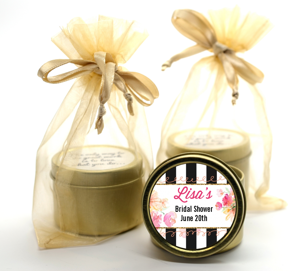 Black And White Stripe Floral Watercolor - Bridal Shower Gold Tin Candle Favors