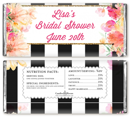 Black and White Stripe Floral Watercolor - Personalized Bridal Shower Candy Bar Wrappers