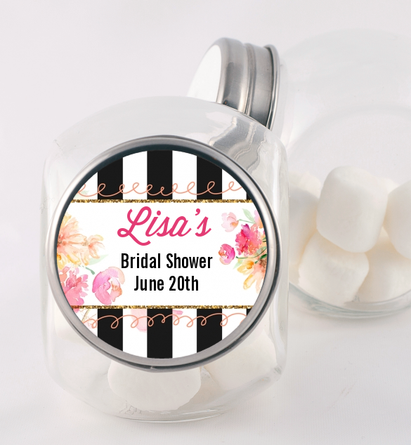 Black And White Stripe Floral Watercolor - Personalized Bridal Shower Candy Jar