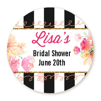 Black And White Stripe Floral Watercolor - Round Personalized Bridal Shower Sticker Labels