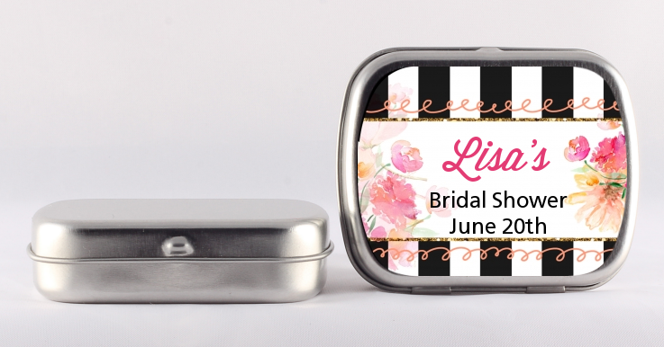 Black And White Stripe Floral Watercolor - Personalized Bridal Shower Mint Tins