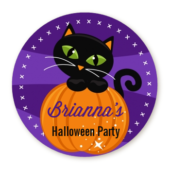 Black Cat Pumpkin - Round Personalized Halloween Sticker Labels