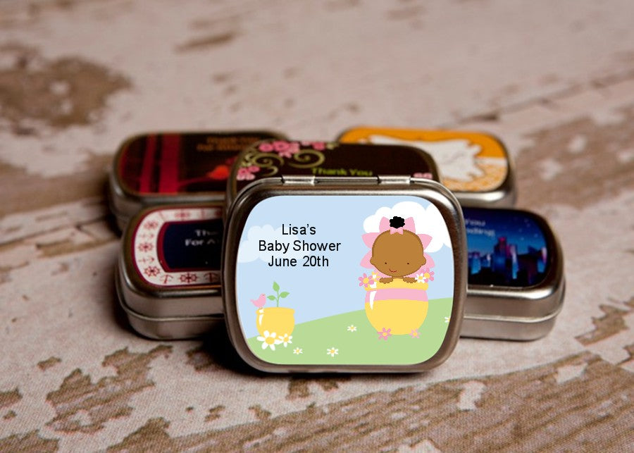 Blooming Baby Girl African American - Personalized Baby Shower Mint Tins
