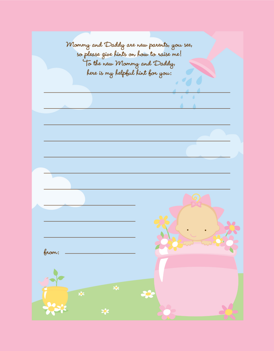 Blooming Baby Girl Caucasian - Baby Shower Notes of Advice