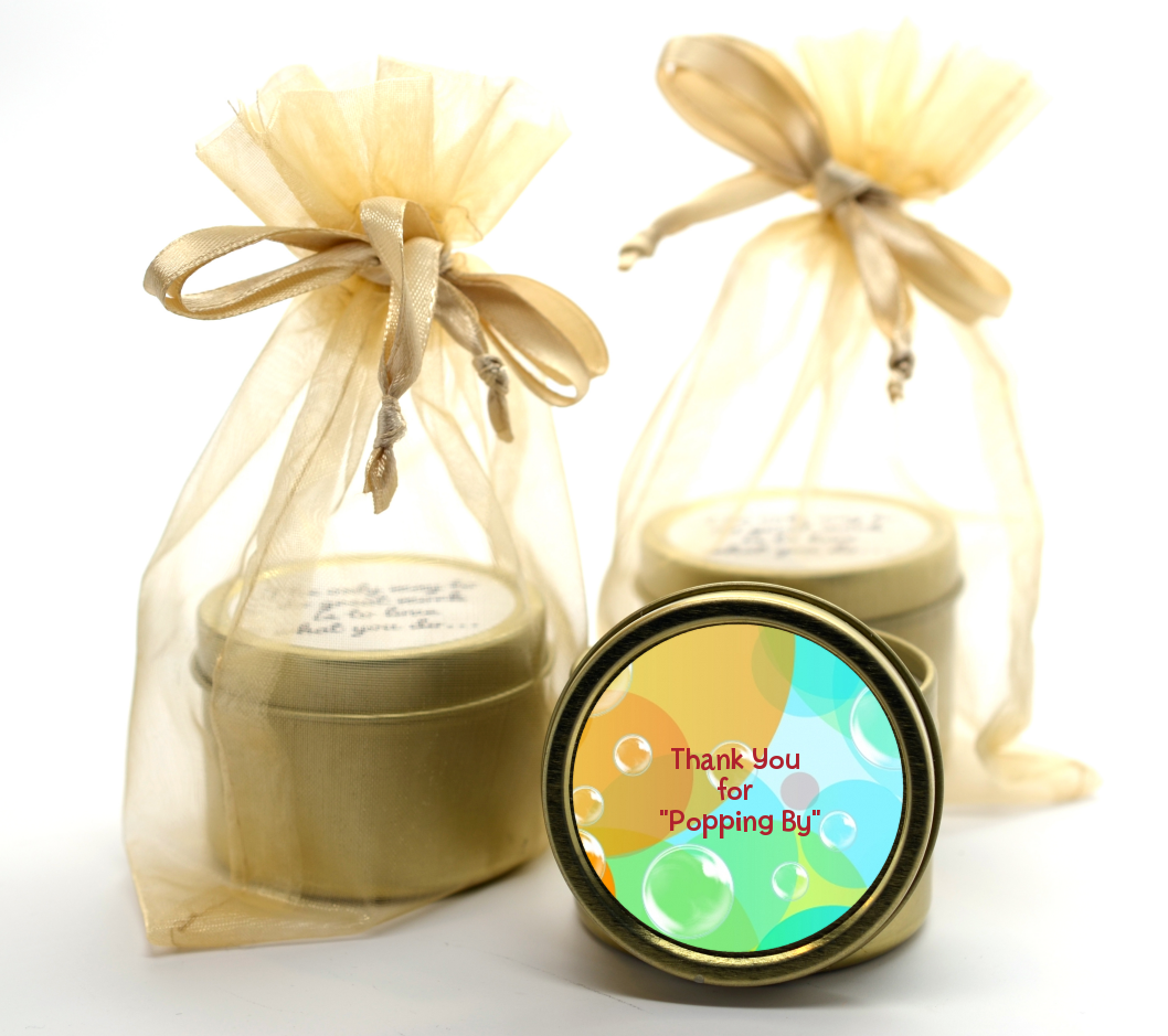 Blowing Bubbles - Birthday Party Gold Tin Candle Favors