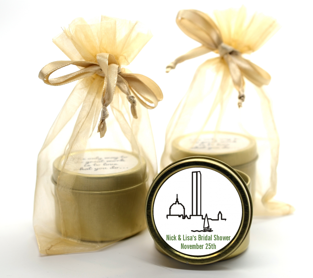 Boston Skyline - Bridal Shower Gold Tin Candle Favors
