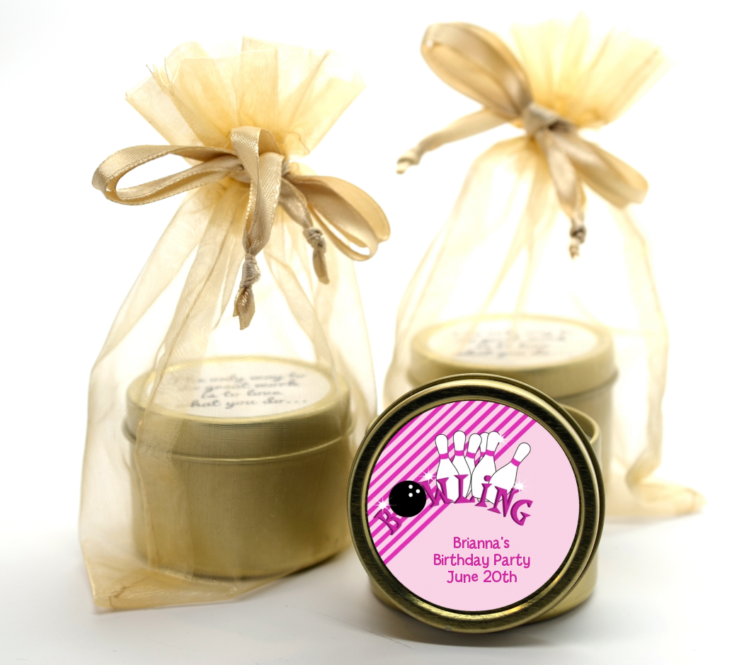 Bowling Girl - Birthday Party Gold Tin Candle Favors