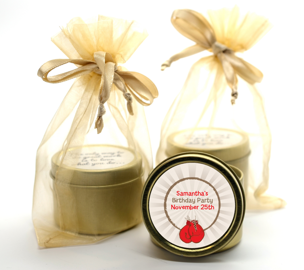 Boxing Gloves - Birthday Party Gold Tin Candle Favors