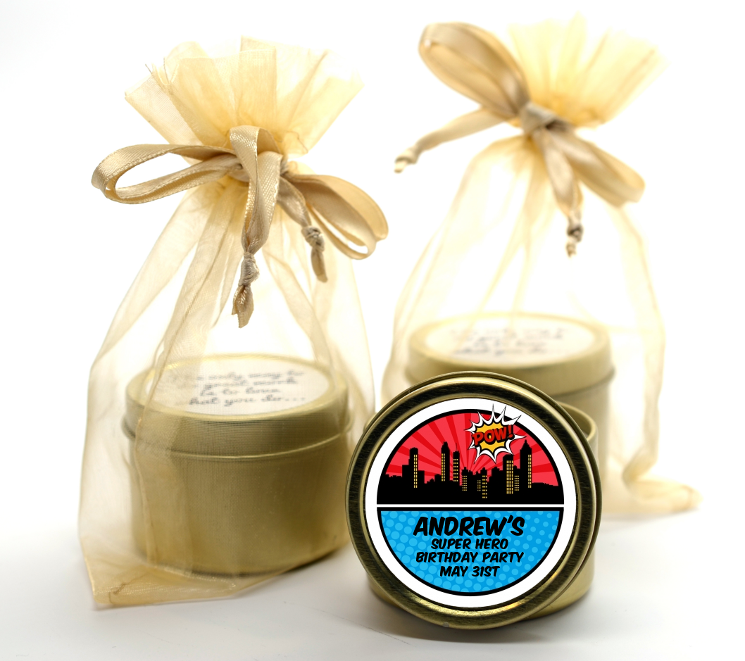 Calling All Superheroes - Birthday Party Gold Tin Candle Favors