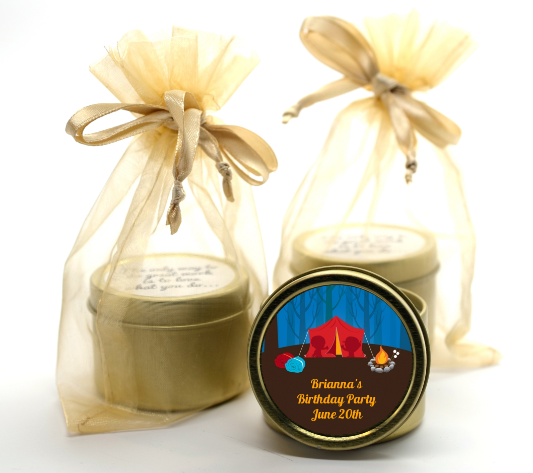 Camping - Birthday Party Gold Tin Candle Favors