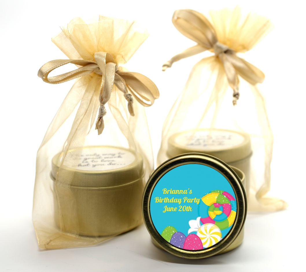 Candy Land - Birthday Party Gold Tin Candle Favors