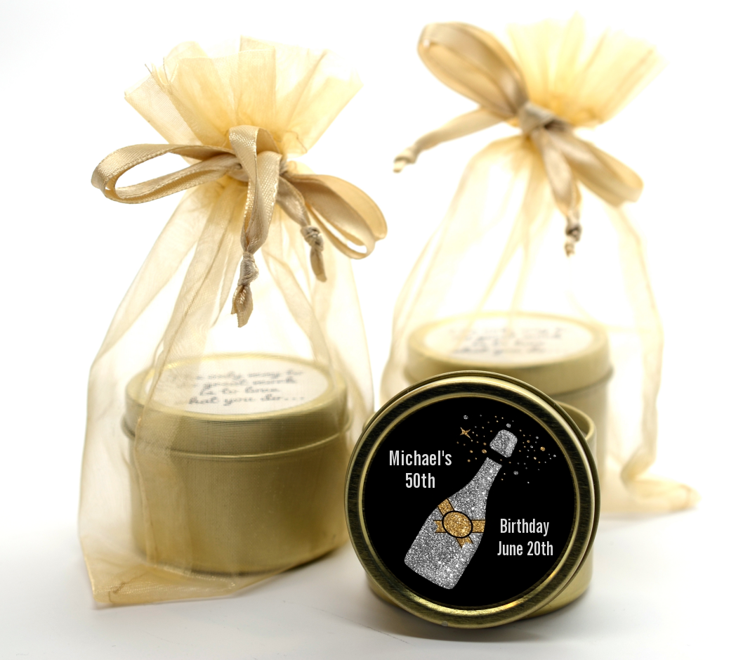 Champagne Gold Silver Faux Glitter - Birthday Party Gold Tin Candle Favors