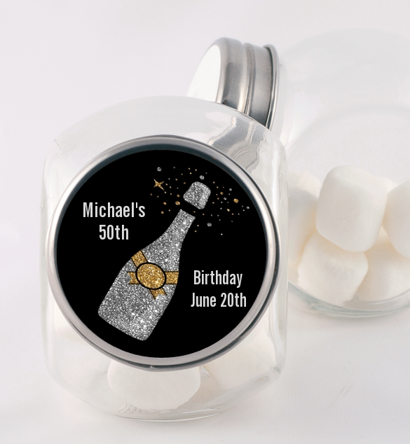 Champagne Gold Silver Faux Glitter - Personalized Birthday Party Candy Jar