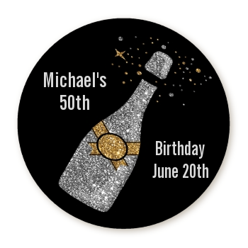 Champagne Gold Silver Faux Glitter - Round Personalized Birthday Party Sticker Labels