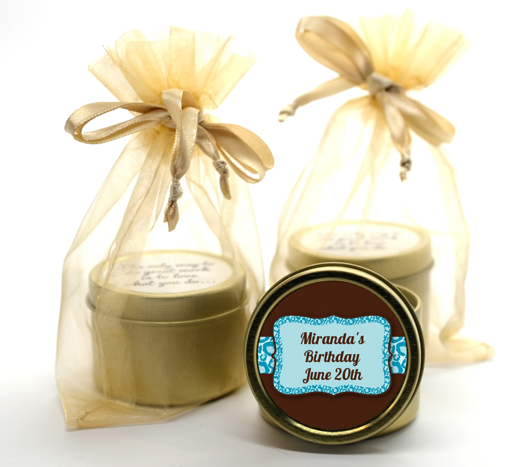 Cheetah Print Blue - Birthday Party Gold Tin Candle Favors