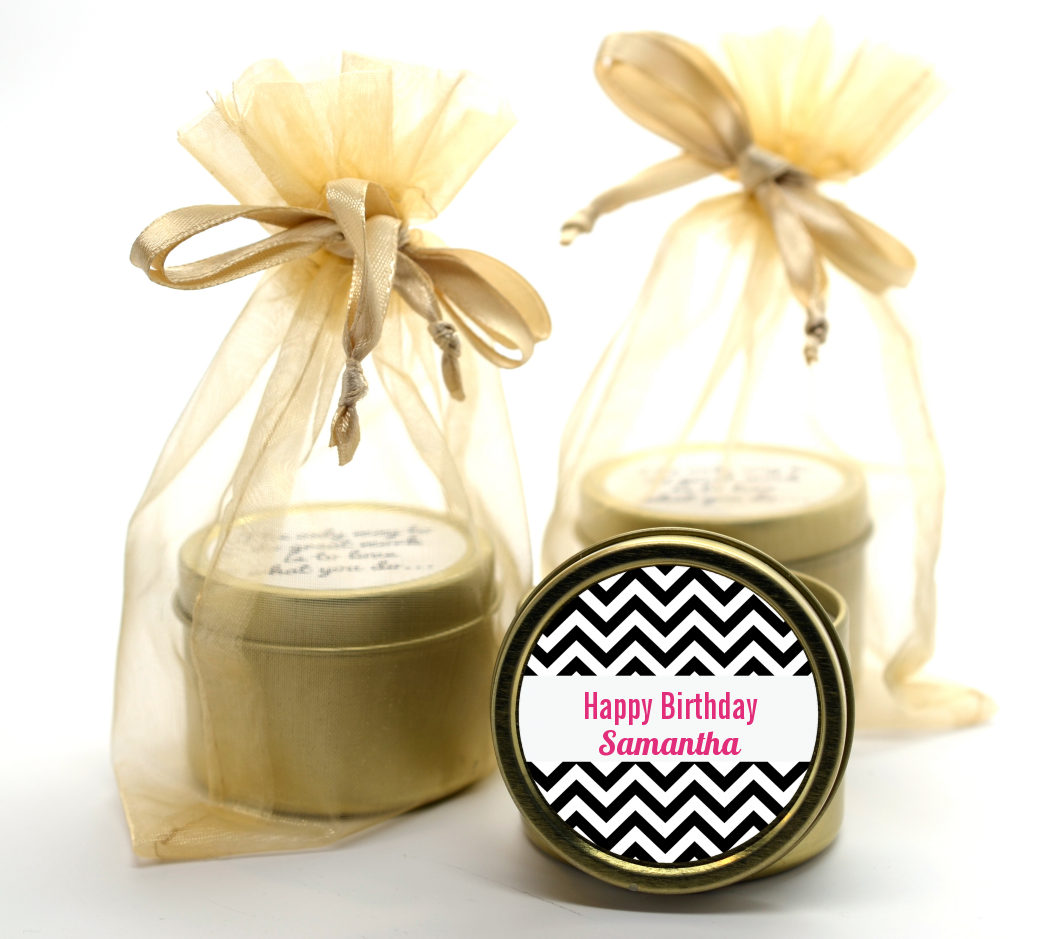Chevron Black & White - Birthday Party Gold Tin Candle Favors
