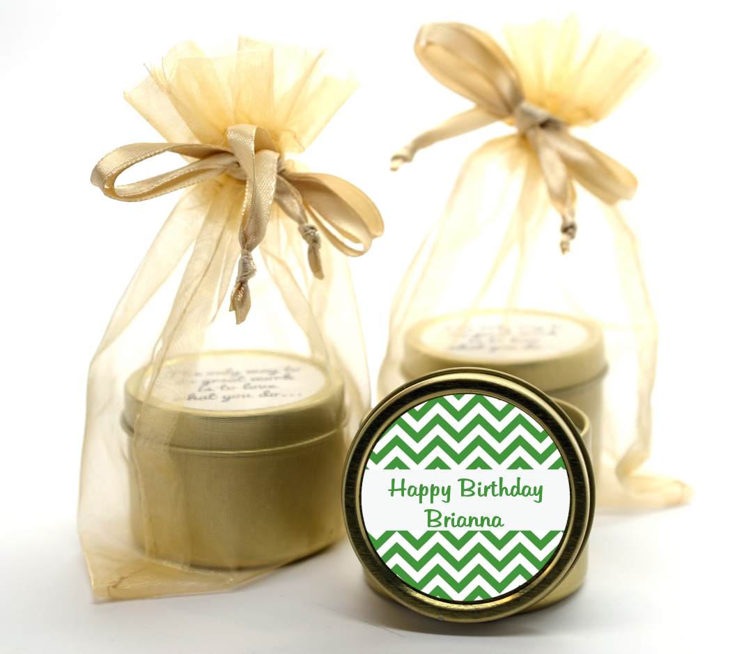 Chevron Green - Birthday Party Gold Tin Candle Favors
