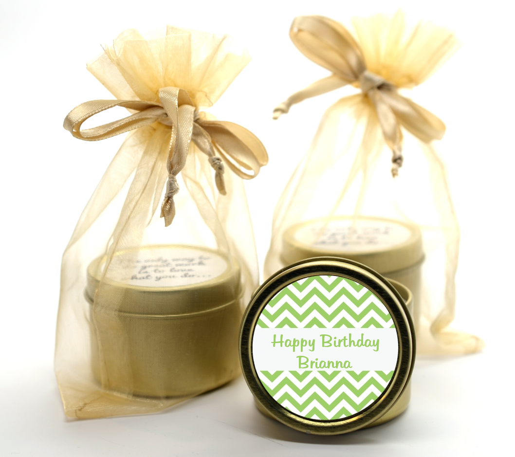 Chevron Sage Green - Birthday Party Gold Tin Candle Favors