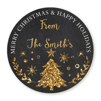 Christmas Tree Gold Glitter - Round Personalized Christmas Sticker Labels