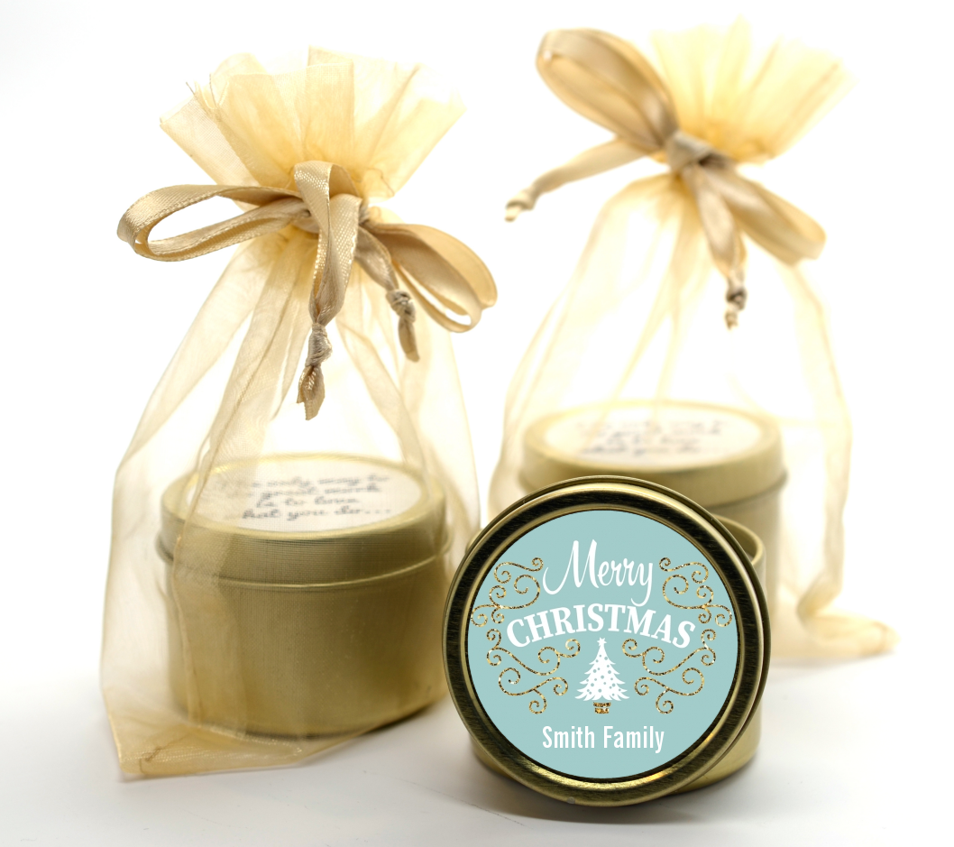 Christmas Tree with Glitter Scrolls - Christmas Gold Tin Candle Favors