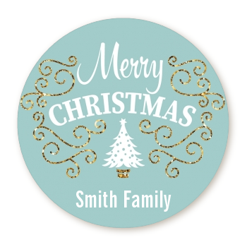 Christmas Tree with Glitter Scrolls - Round Personalized Christmas Sticker Labels