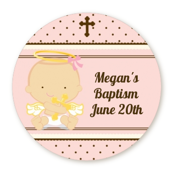 Angel Baby Girl Caucasian - Round Personalized Baptism / Christening Sticker Labels