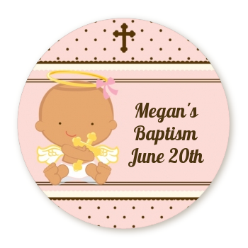Angel Baby Girl Hispanic - Round Personalized Baptism / Christening Sticker Labels