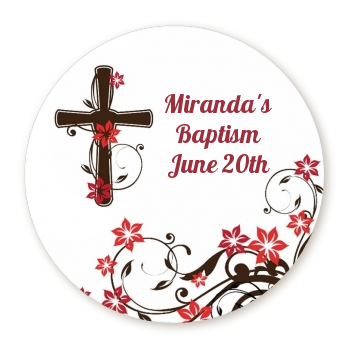 Cross Floral Blossom - Round Personalized Baptism / Christening Sticker Labels