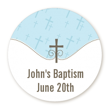 Cross Blue - Round Personalized Baptism / Christening Sticker Labels