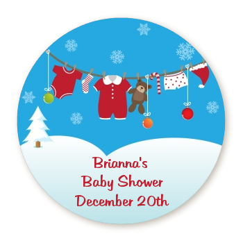 Clothesline Christmas - Round Personalized Baby Shower Sticker Labels