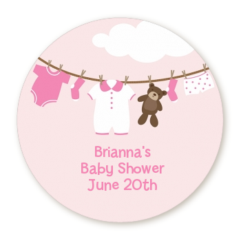 Clothesline It's A Girl - Round Personalized Baby Shower Sticker Labels
